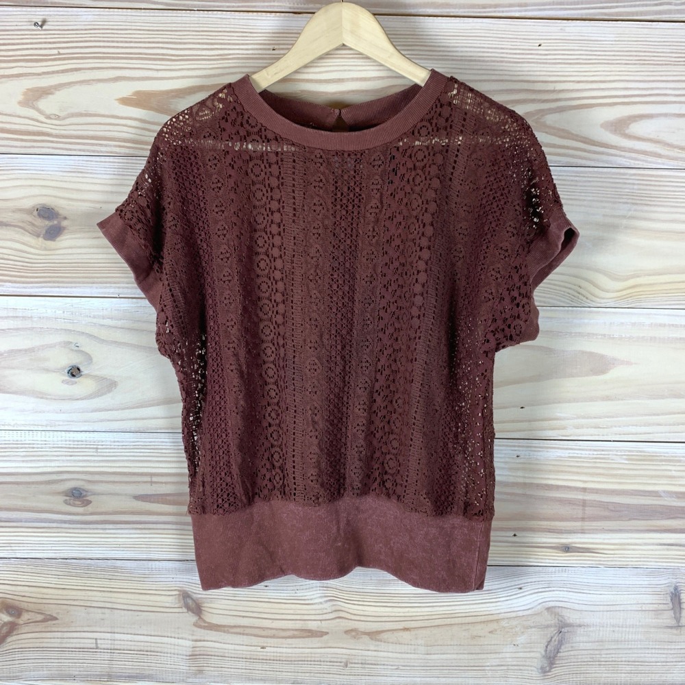 Daytrip Lace Top Women M Brown Short Sleeve Perforated Sheer Western Boho